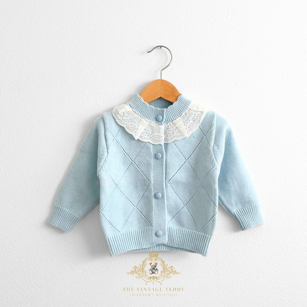 NWT Lovely Girls Knitted Two-piece Cardigan Sweater & Pants Lace Collar 12-18M - Picture 2 of 6